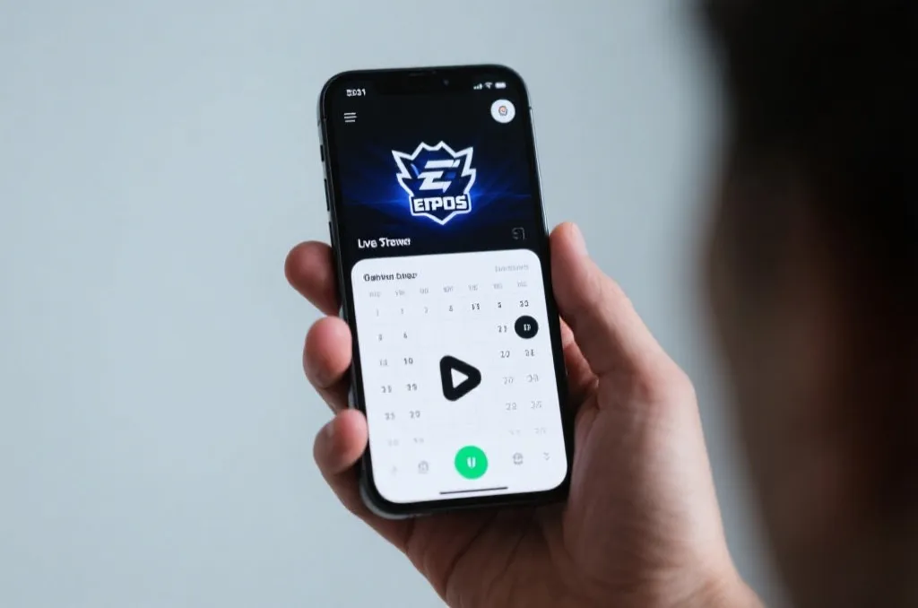 A modern smartphone displaying a clean esports tournament schedule in a hand, soft background